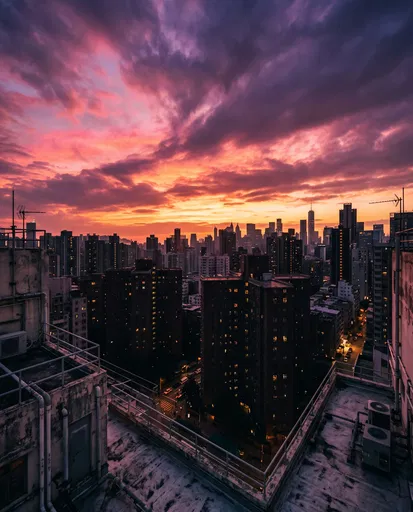 Dramatic Sunset Sky Over City Rooftops