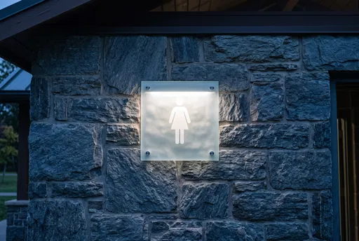 Illuminated Women's Restroom Sign on Stone Wall