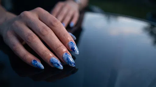 Blue Marble Almond Manicure on Glass