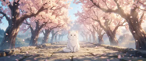 White Cartoon Cat Under Cherry Blossoms