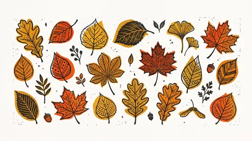 Mid-Century Block Print Fall Leaves Clipart