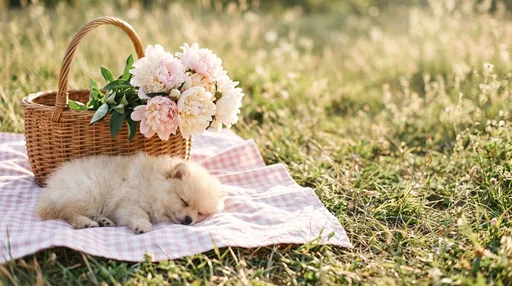 Sleeping Pomeranian Puppy on Picnic Blanket