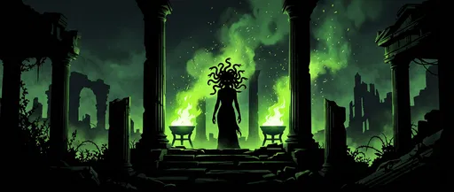 Gorgon Silhouette in Green Temple Ruins