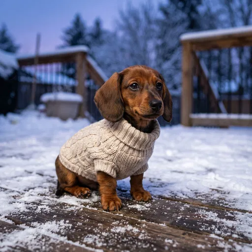 Dachshund Puppy in Sweater on Snowy Deck