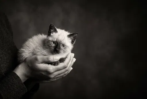 Siamese Kitten Cradled in Cupped Hands