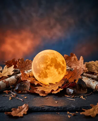 Glowing Moon Sphere on Autumn Leaves