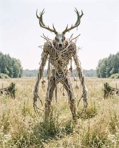 Wicker and Bone Stag Monster in Meadow