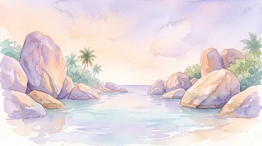 Pastel Watercolor Illustration of Coastal Cove
