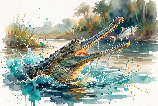 Watercolor Gharial Lunging at River Fish