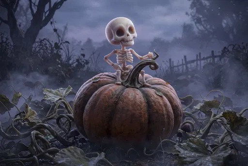 Cute Cartoon Skeleton on Giant Pumpkin