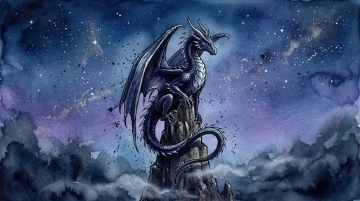 Watercolor Dragon Perched on Starry Spire