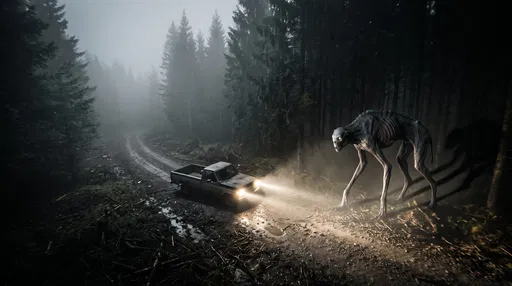 Giant Monster Blocking Truck in Foggy Forest