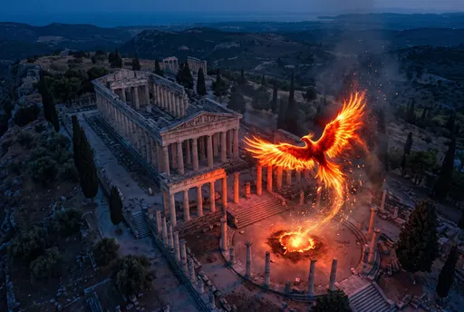Fiery Phoenix Rising Over Ancient Greek Temple