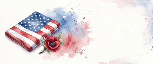 Watercolor Folded American Flag and Poppy Banner