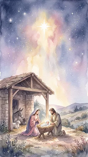 Watercolor Christmas Nativity Scene Under Bright Star