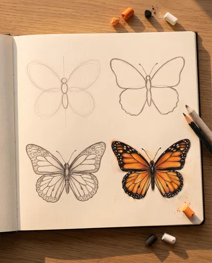 Four Stage Butterfly Drawing Progression in Sketchbook