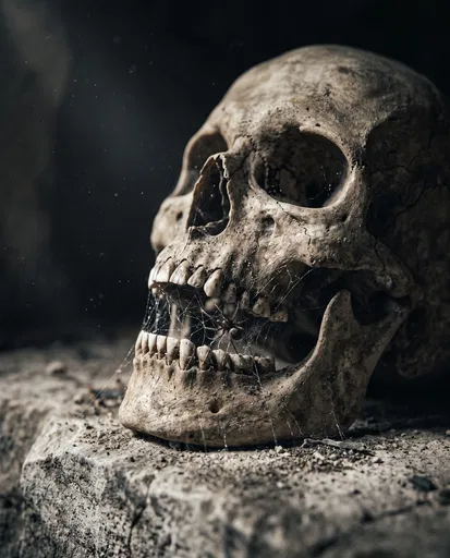 Weathered Skull With Spider And Cobwebs