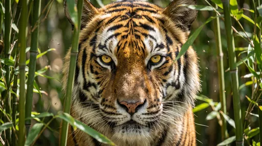 Bengal Tiger Peering Through Green Bamboo