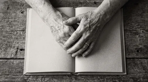 Elderly Hands Folded Over Open Blank Journal