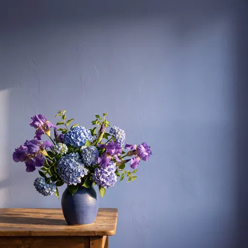 Blue Hydrangeas and Purple Irises in Vase