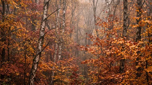 Misty Autumn Forest with Birch Trees