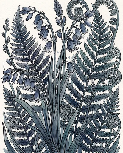 Watercolor Bluebells and Ferns Botanical Illustration