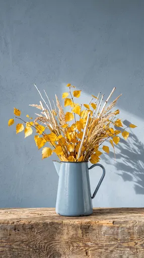 Blue Enamel Pitcher With Autumn Branches