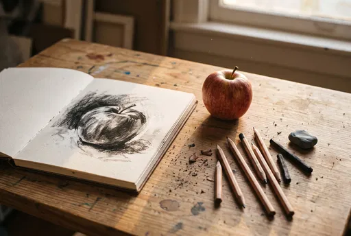 Charcoal Apple Sketch on Artist Desk