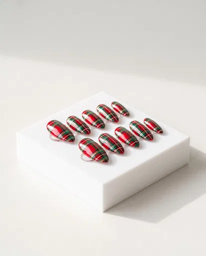 Tartan Plaid Press-On Nails on White Pedestal