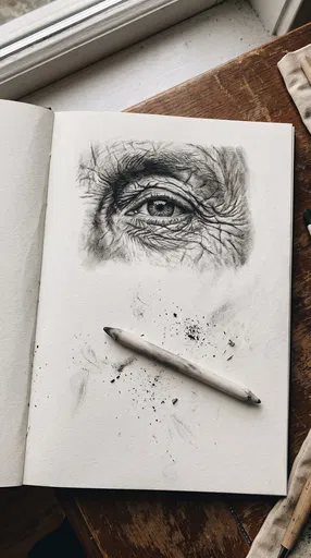Charcoal Eye Drawing in Open Sketchbook