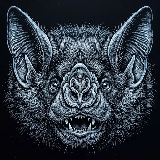 Scratchboard Drawing of Gothic Bat Face