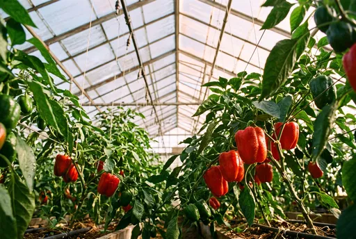 Red Bell Peppers Growing in Sunlit Greenhouse