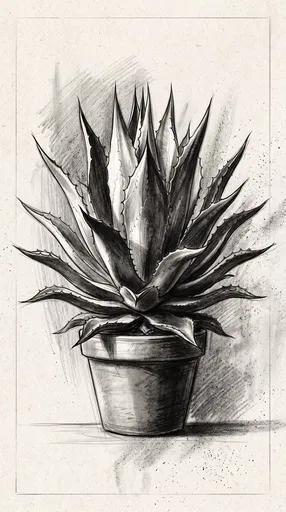 Charcoal Drawing of Potted Agave Plant