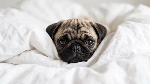 Fawn Pug Puppy in White Duvet