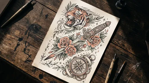 Neo-Traditional Tattoo Flash Sheet on Desk