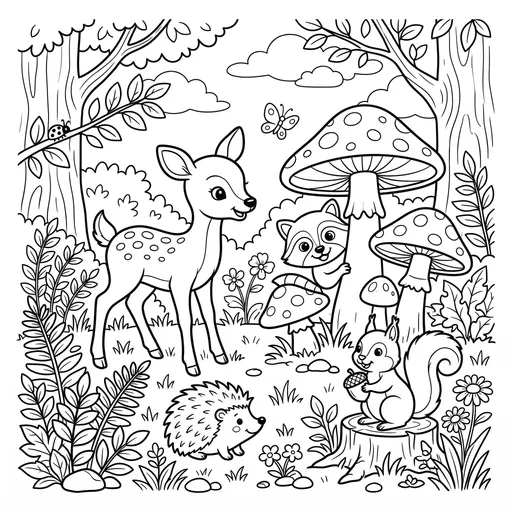 Woodland Animals Coloring Page Illustration