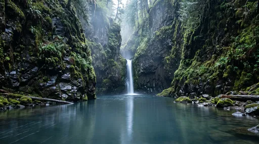 Misty Mossy Canyon Waterfall and Calm Pool