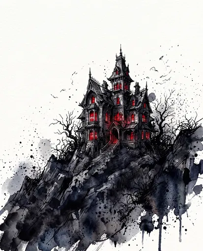 Gothic Haunted Mansion Ink and Watercolor