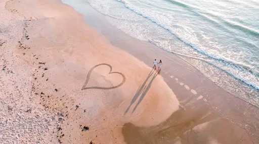 Aerial Beach Heart and Walking Couple