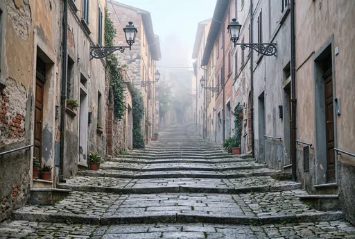 Misty Cobblestone Stepped Alleyway in Old Town