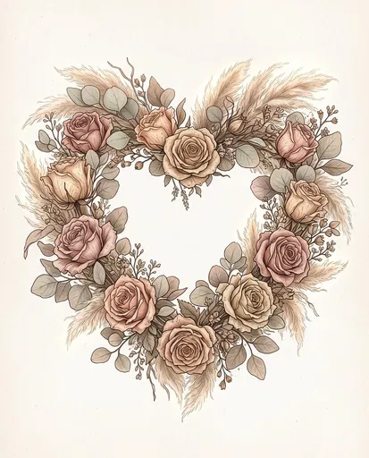 Vintage Floral Heart Wreath Illustration