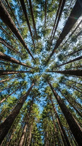 Looking Up Into Towering Pine Forest Canopy