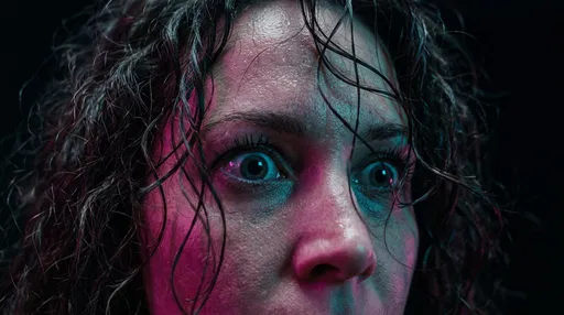 Close-Up of Terrified Woman in Neon Light