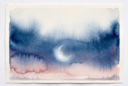Watercolor Twilight Sky With Silver Crescent Moon