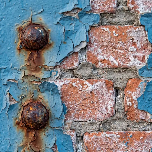 Peeling Blue Paint on Weathered Brick Wall