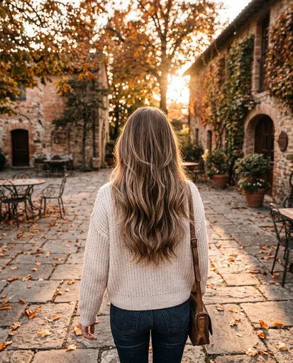 Woman With Bronde Balayage in Autumn Courtyard