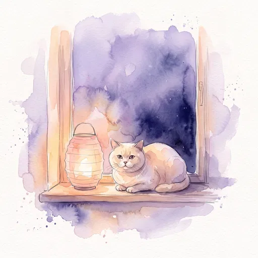 Watercolor Cat on Nighttime Windowsill