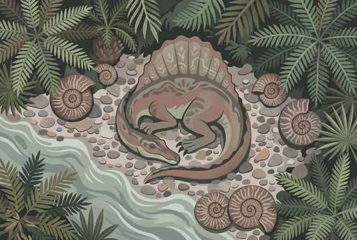 Sleeping Spinosaurus on Pebbled Riverbank Illustration