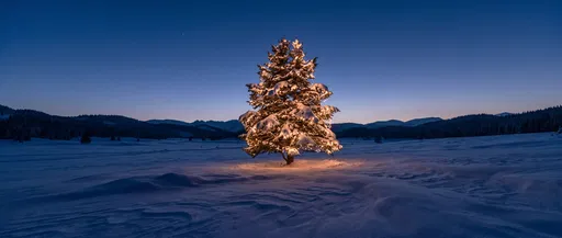 Illuminated Pine Tree in Snowy Alpine Meadow