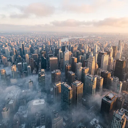 Aerial Sunrise Over Misty Skyscraper Metropolis